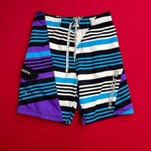 Maui and Sons Mens Board Shorts Size 32 Striped Purple Blue Surf Swim Trunks